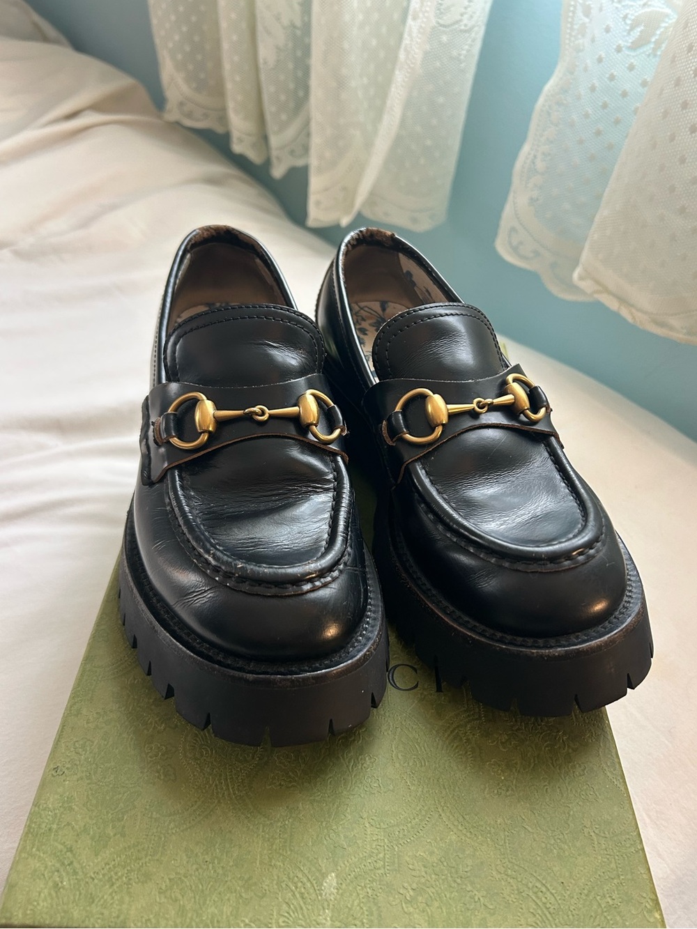 Gucci Black Leather Lug Sole Horsebit Loafers with Gold Hardware